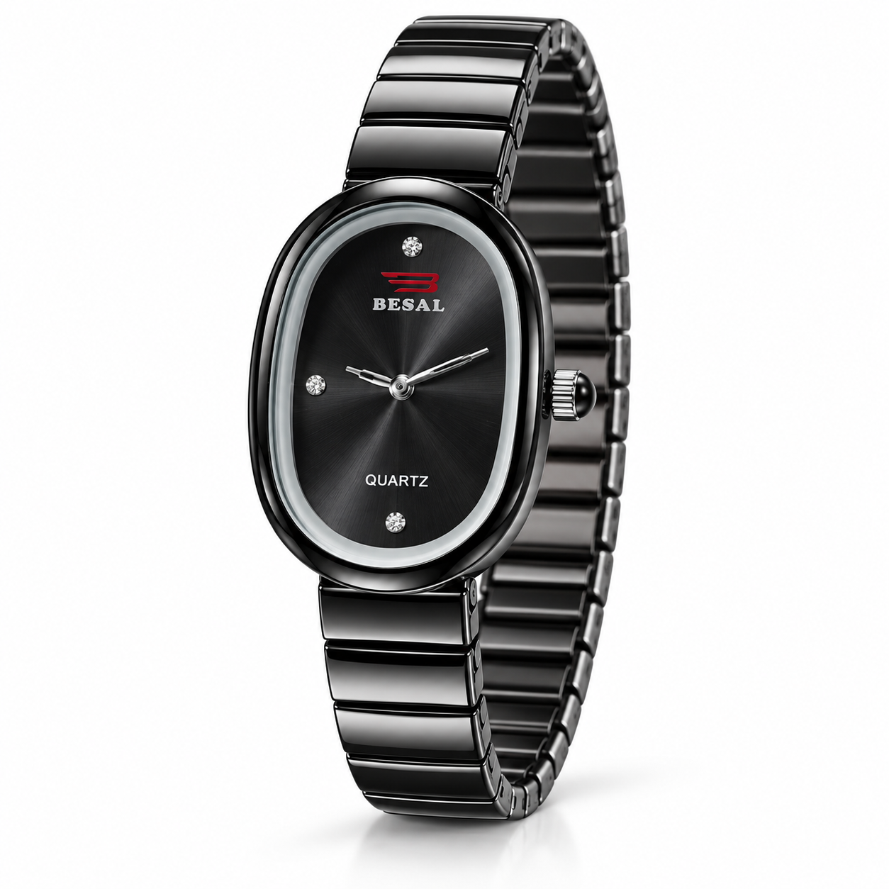 BESAL Women's Black Dial Analog Quartz Watch | Elegant Oval Case | Premium Black-Tone Metal Stretch Bracelet | Minimalist Dial with Crystal-Style Markers | Stylish Casual, Office & Party Wear Wrist Watch for Ladies - Image 4