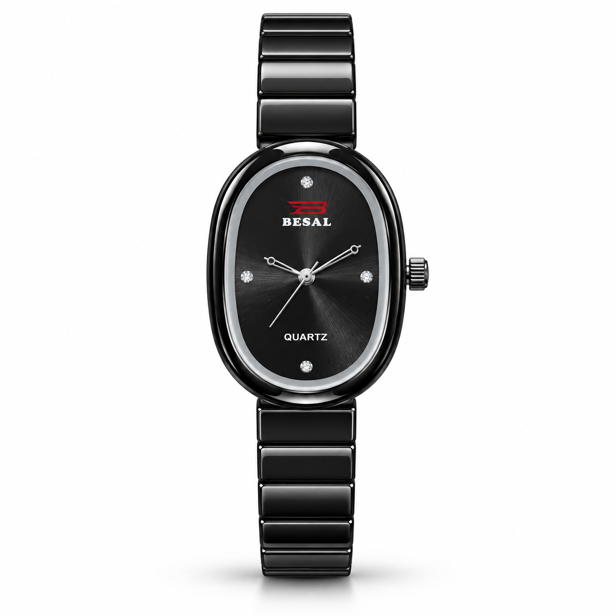 BESAL Women's Black Dial Analog Quartz Watch | Elegant Oval Case | Premium Black-Tone Metal Stretch Bracelet | Minimalist Dial with Crystal-Style Markers | Stylish Casual, Office & Party Wear Wrist Watch for Ladies - Image 3