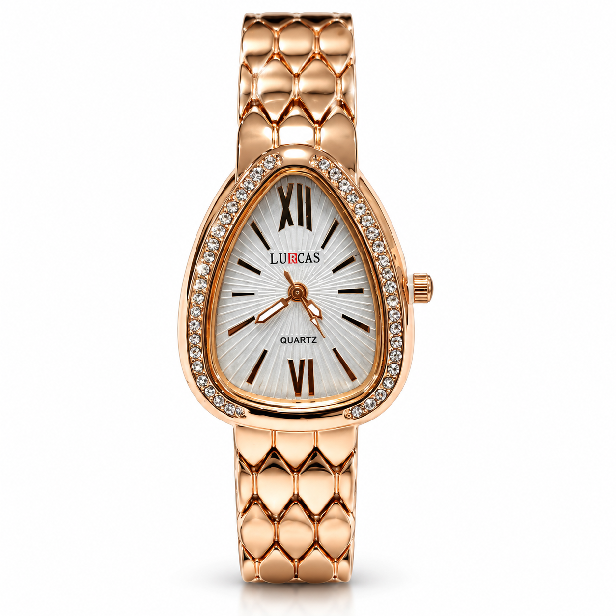 Women’s Rose Gold Teardrop Analog Quartz Watch | Crystal-Studded Bezel | Silver Sunburst Dial | Elegant Metal Bracelet | Fashion Wrist Watch for Daily Wear, Party & Gifting - Image 6