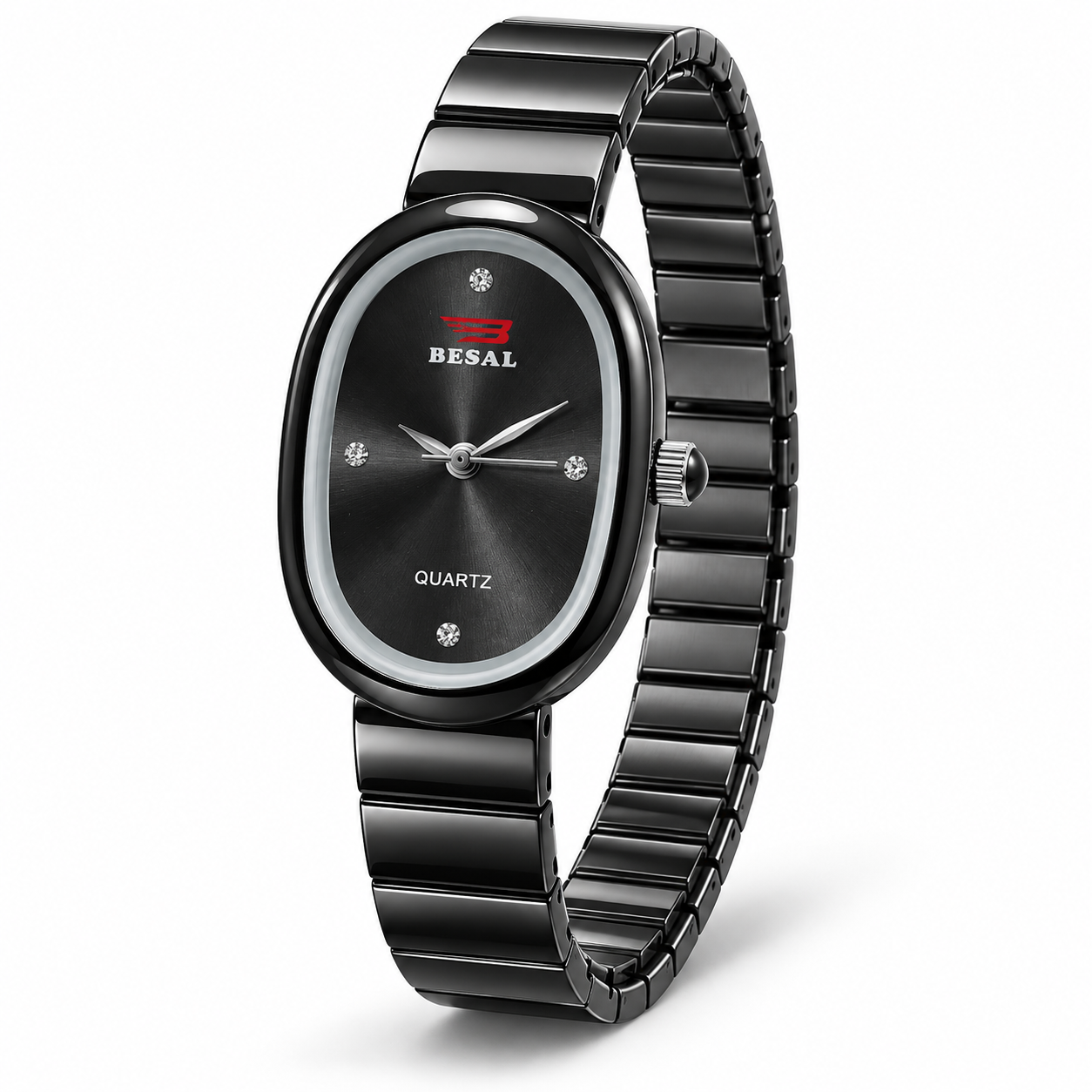 BESAL Women's Black Dial Analog Quartz Watch | Elegant Oval Case | Premium Black-Tone Metal Stretch Bracelet | Minimalist Dial with Crystal-Style Markers | Stylish Casual, Office & Party Wear Wrist Watch for Ladies - Image 6