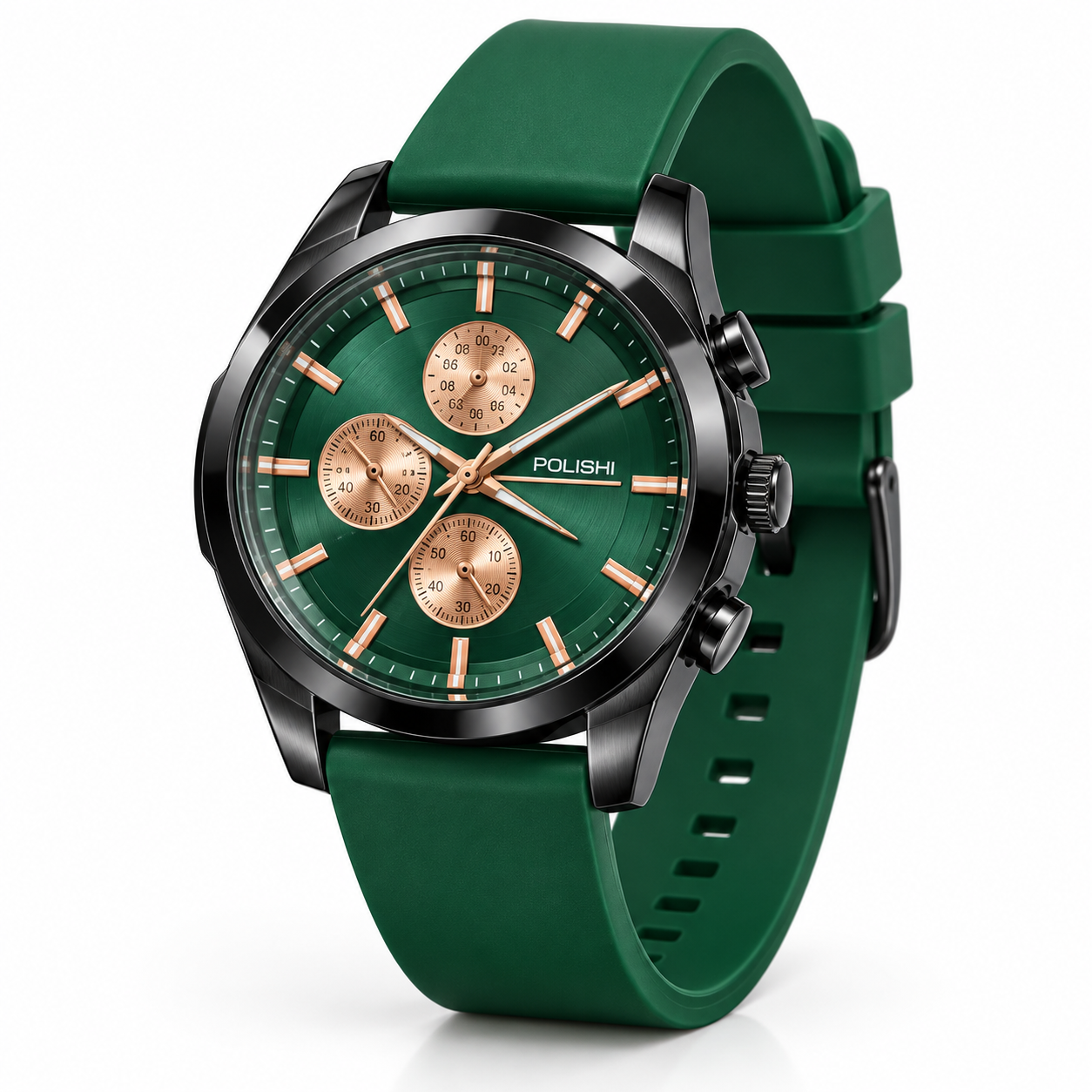 POLISHI Men's Analog Sports Watch | Premium Green Dial with Rose Gold-Tone Accents | Black Round Case | Green Silicone Strap | Chronograph-Style Multi-Dial Design | Stylish Casual & Everyday Wrist Watch for Men - Image 3
