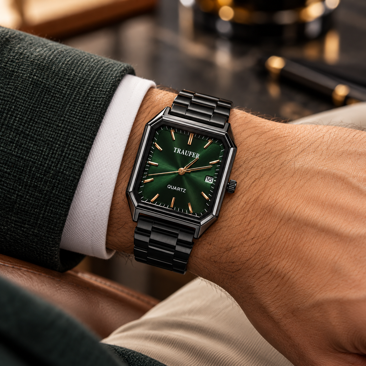 Men’s Rectangular Analog Quartz Watch | Gradient Green Sunburst Dial | Black Metal Bracelet | Date Display | Modern Geometric Wrist Watch for Office, Party & Everyday Wear - Image 3