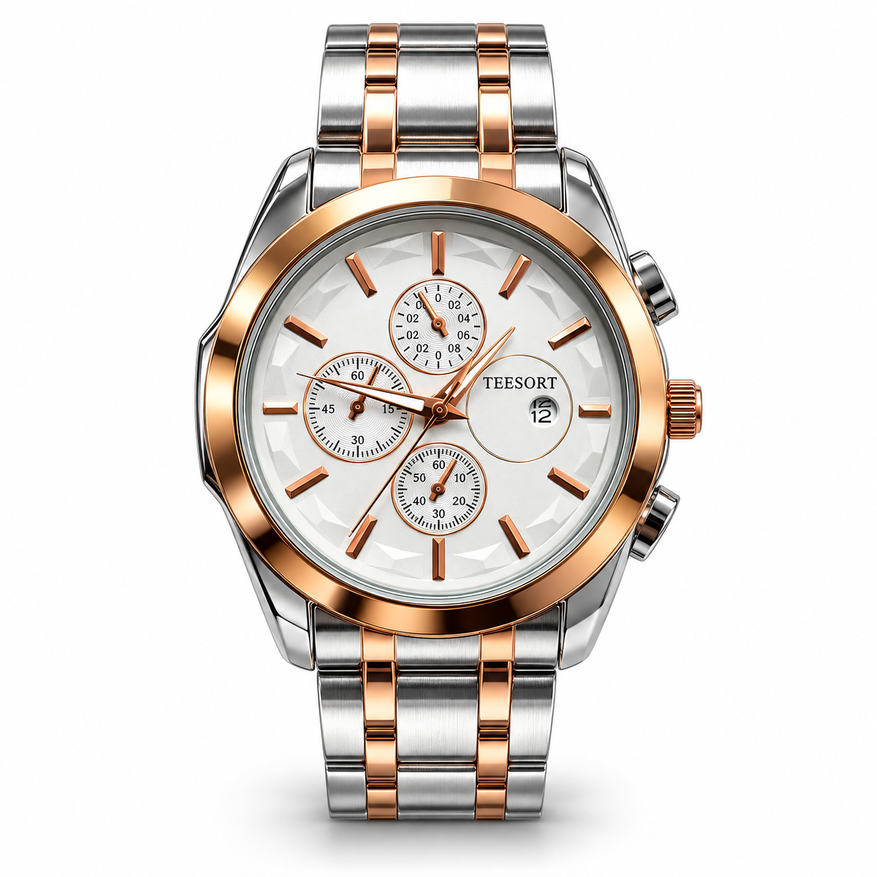 Men’s Two-Tone Analog Quartz Watch | White Dial | Silver & Rose Gold-Tone Metal Bracelet | Date Display | Chronograph-Style Multi-Dial Wrist Watch - Image 6