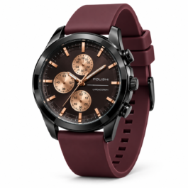 POLISHI Men’s Fashion Analog Watch | Black Round Dial with Rose Gold-Tone Accents | Maroon Silicone Strap | Chronograph-Style Design | Stylish Casual & Formal Wrist Watch