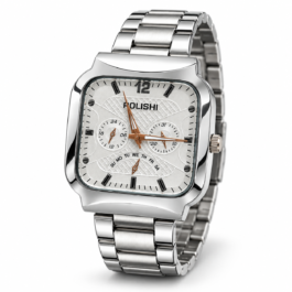 POLISHI Men’s Analog Black Dial Silver-Tone Stainless Steel Watch with Square Case & Multi function Style Display