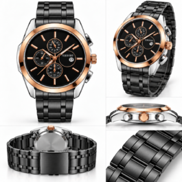 Men’s Black Analog Quartz Watch | Black Metal Bracelet | Black Dial with Rose Gold-Tone Bezel | Date Display & Chronograph-Style Multi-Dial Fashion Wrist Watch