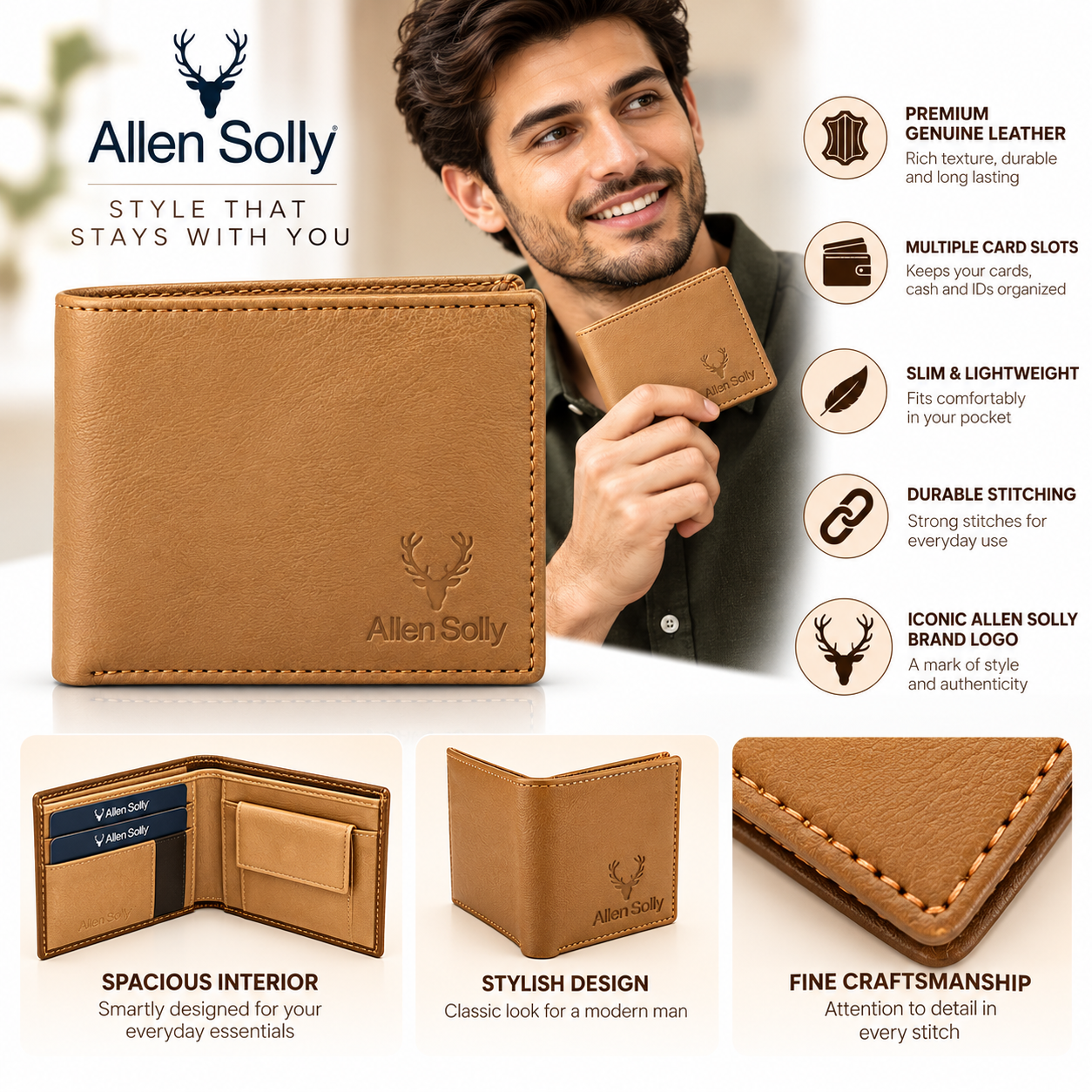 Men’s Premium Tan Brown Bifold Wallet | Stylish Textured Finish | Multiple Card Slots & Cash Compartment | Slim Everyday Wallet for Men - Image 5