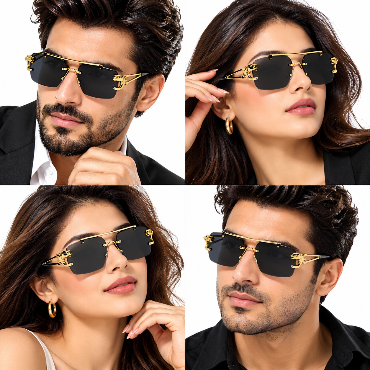 Unisex Luxury Rimless Sunglasses for Men & Women | Gold-Tone Metal Frame with Dark Smoke Lenses | Decorative Side Design | Premium Fashion Eyewear - Image 5