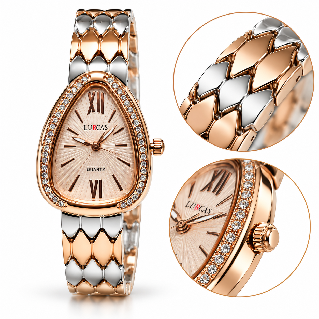 Women’s Teardrop Analog Quartz Watch | Blush Pink Dial | Crystal-Studded Bezel | Silver & Rose Gold-Tone Metal Bracelet | Elegant Fashion Wrist Watch for Daily Wear & Gifting - Image 3