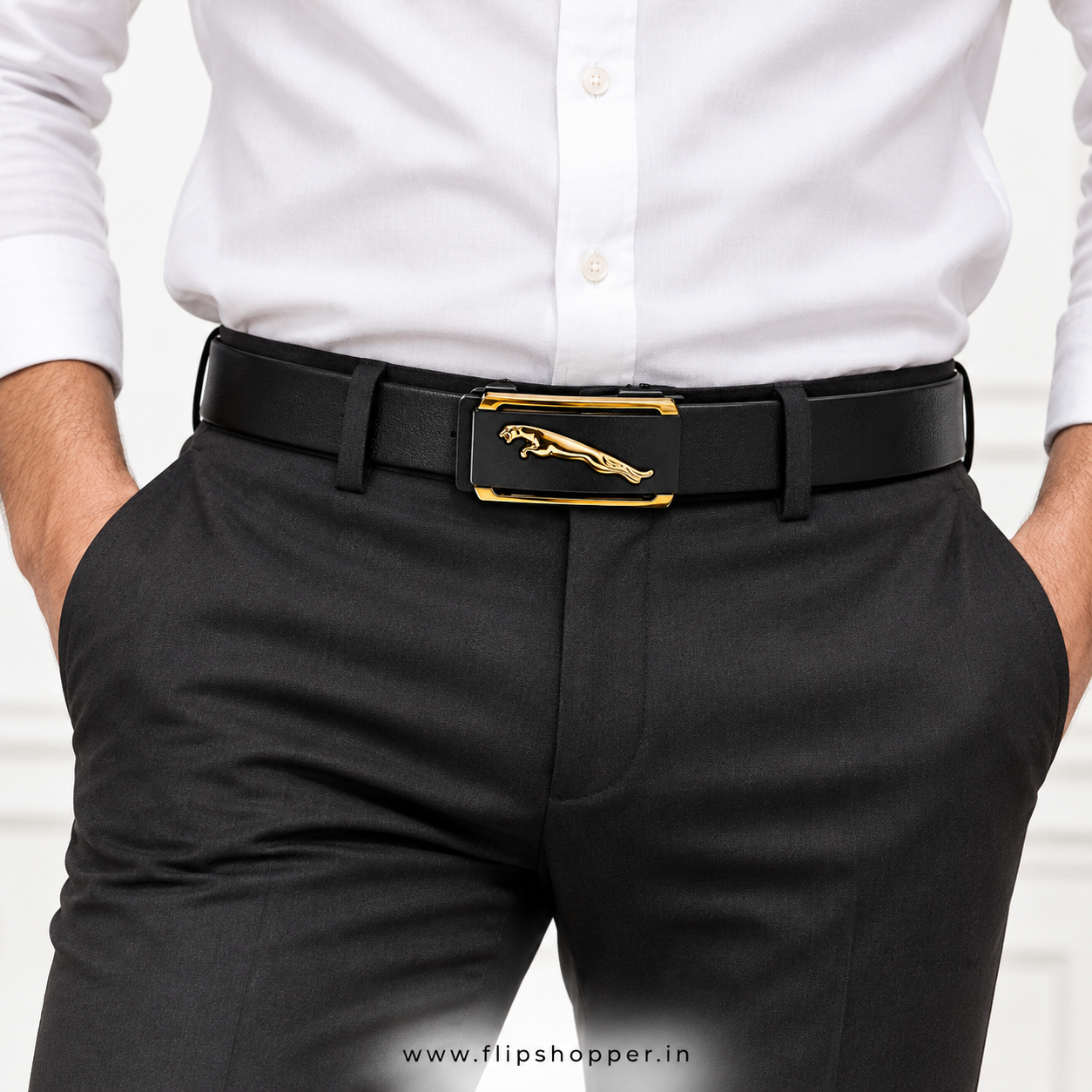 Premium Men's Black Automatic Ratchet Belt with Gold-Tone Leaping Cat Buckle | Textured Leather-Look Strap | Micro-Adjustable Waist Belt for Formal, Office & Casual Wear - Image 6