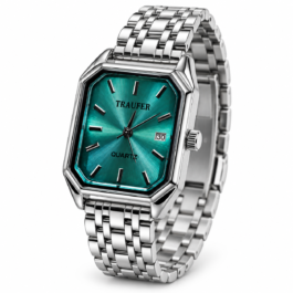 Men’s Rectangular Analog Quartz Watch | Teal Green Sunburst Dial | Silver-Tone Metal Bracelet | Date Display | Classic Formal & Everyday Wrist Watch