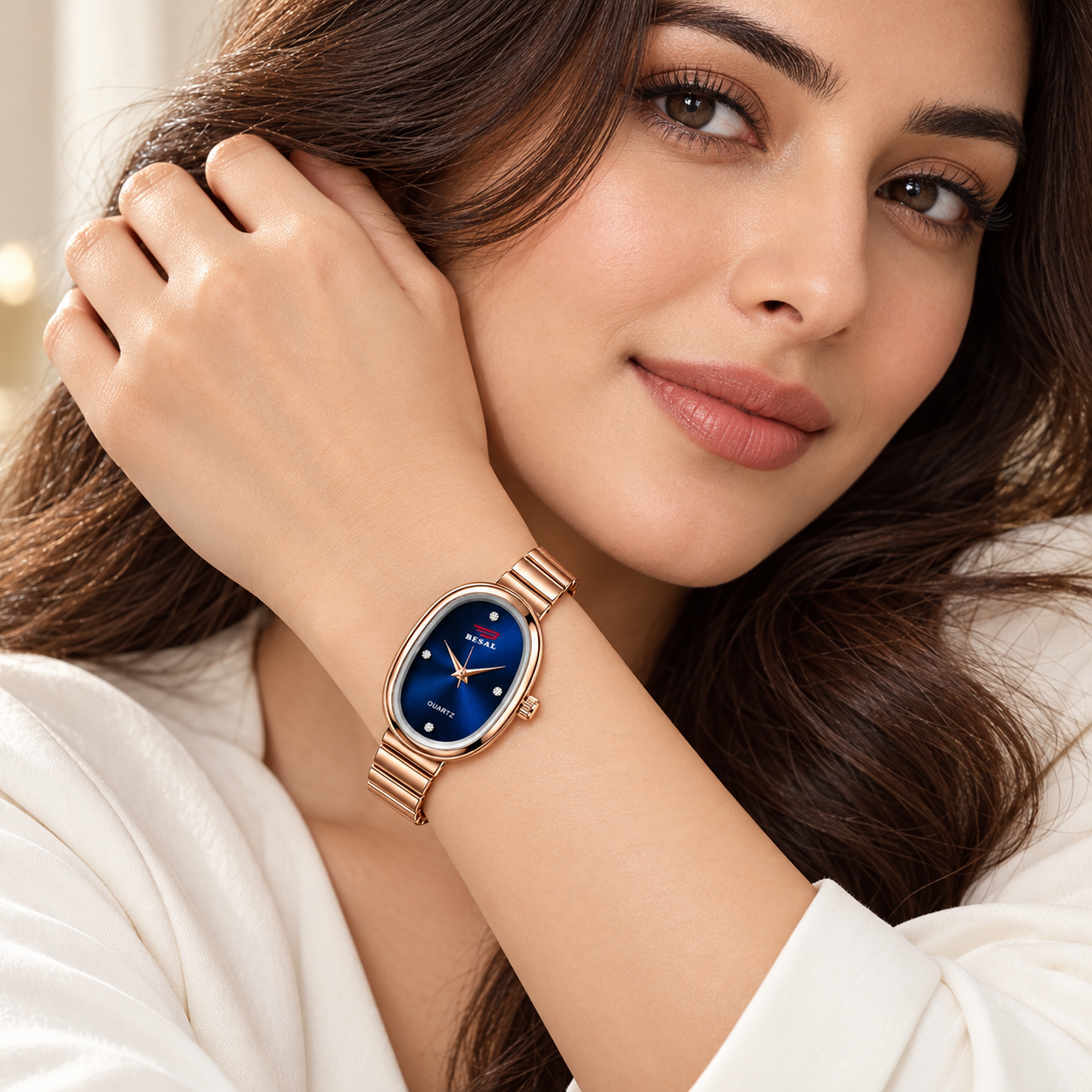 BESAL Women's Navy Blue Dial Analog Quartz Watch | Elegant Oval Rose Gold-Tone Case | Premium Rose Gold-Tone Metal Stretch Bracelet | Sunburst Dial with Crystal-Style Markers | Stylish Casual, Office & Party Wear Watch for Ladies - Image 6