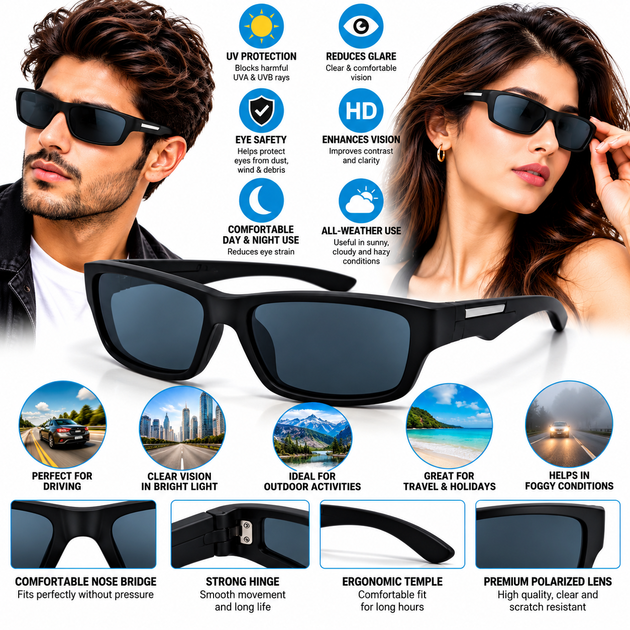 Unisex Black Sports Sunglasses for Men & Women | Dark Smoke Lens | Stylish Wraparound Rectangle Frame | Casual, Driving & Outdoor Eyewear - Image 5