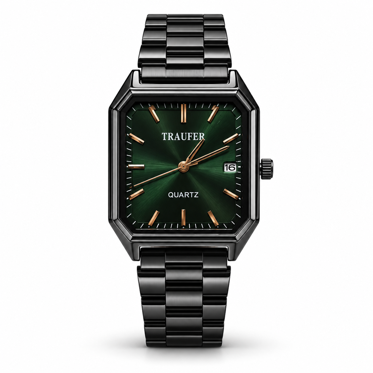 Men’s Rectangular Analog Quartz Watch | Gradient Green Sunburst Dial | Black Metal Bracelet | Date Display | Modern Geometric Wrist Watch for Office, Party & Everyday Wear - Image 6