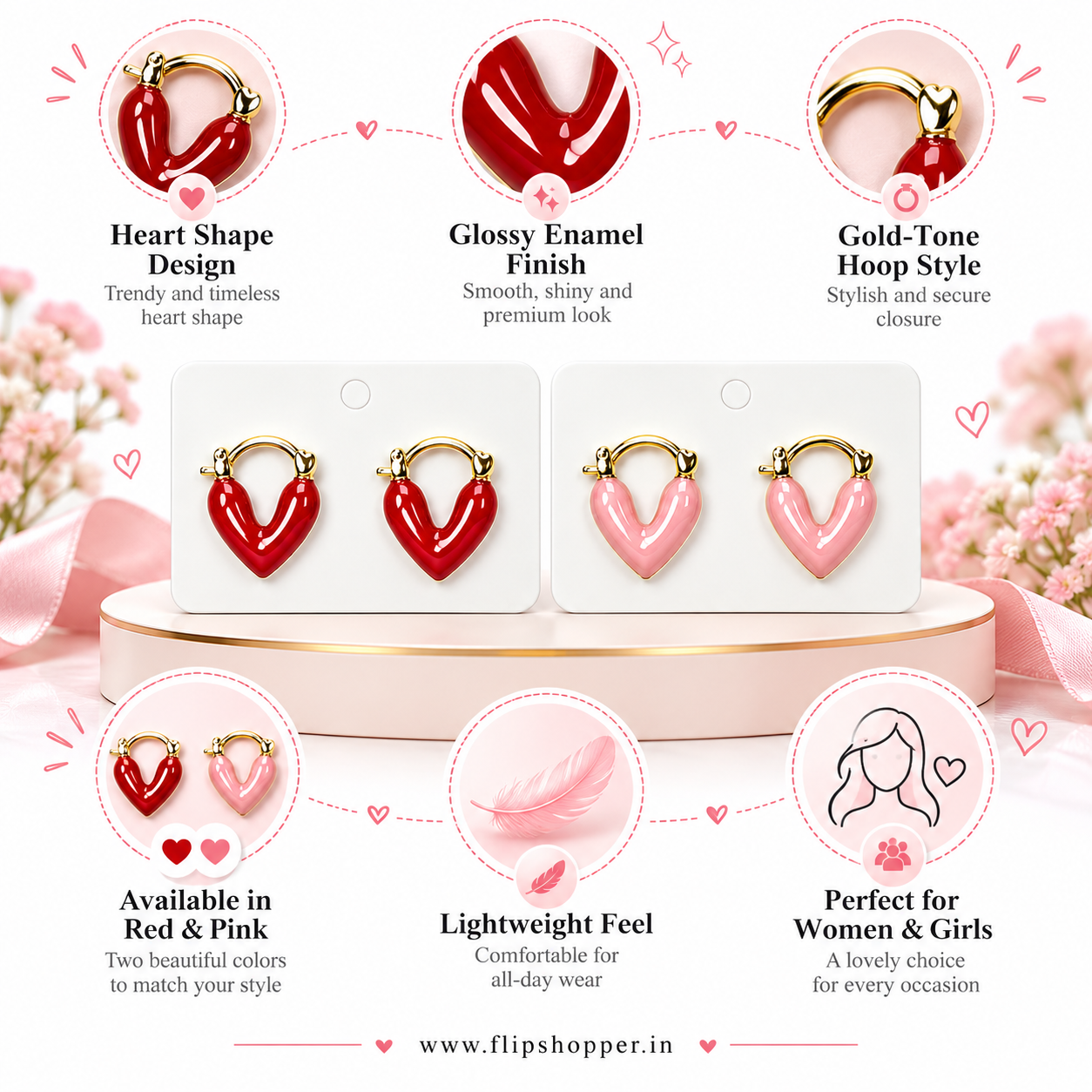 Women's Korean-Style Glossy Heart Hoop Earrings – Pink & Red, Gold-Tone, Set of 2 Pairs - Image 2