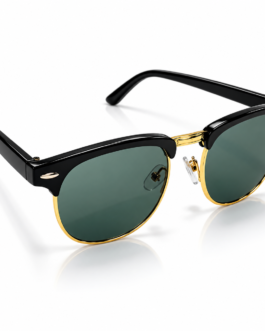 Unisex Clubmaster Browline Sunglasses for Men & Women | Black & Gold-Tone Frame with Dark Green Lenses | Retro Vintage Fashion Eyewear