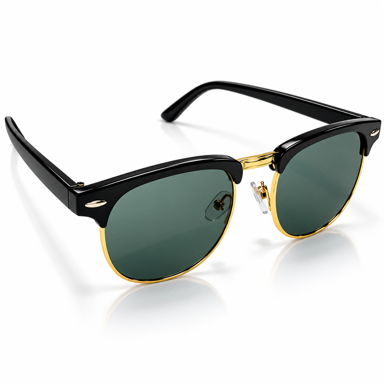 Unisex Clubmaster Browline Sunglasses for Men & Women | Black & Gold-Tone Frame with Dark Green Lenses | Retro Vintage Fashion Eyewear - Image 2