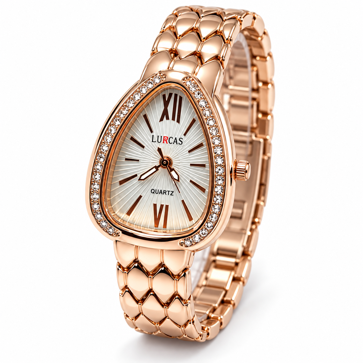 Women’s Rose Gold Teardrop Analog Quartz Watch | Crystal-Studded Bezel | Silver Sunburst Dial | Elegant Metal Bracelet | Fashion Wrist Watch for Daily Wear, Party & Gifting - Image 3