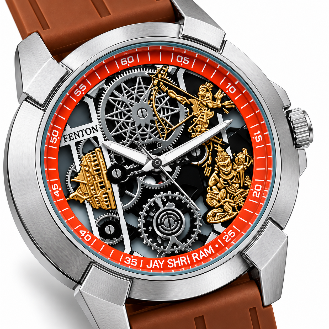 Men’s Devotional Analog Statement Watch | Skeleton-Style Hindu Artwork Dial | Silver-Tone Case | Brown Strap | Bold Fashion Wrist Watch for Daily & Festive Wear - Image 4