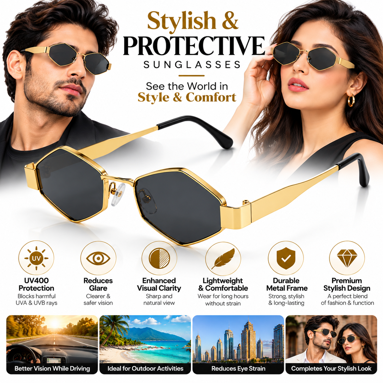 Unisex Geometric Hexagon Sunglasses for Men & Women | Gold-Tone Metal Frame with Dark Smoke Lenses | Retro Fashion Eyewear for Casual, Travel & Party Wear - Image 6