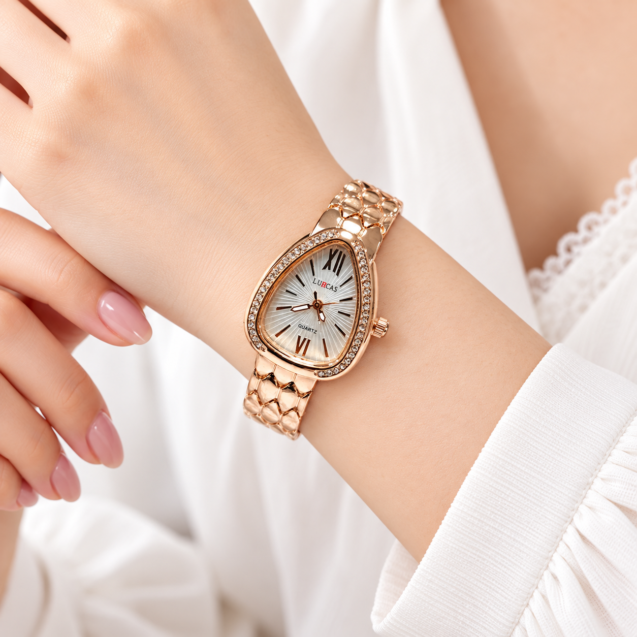 Women’s Rose Gold Teardrop Analog Quartz Watch | Crystal-Studded Bezel | Silver Sunburst Dial | Elegant Metal Bracelet | Fashion Wrist Watch for Daily Wear, Party & Gifting - Image 2