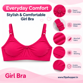 Girls Ultra-Soft Everyday Comfort Bra with Adjustable Straps, Floral Design & Fine Stitching | Lightweight Daily Wear Innerwear – Hot Pink