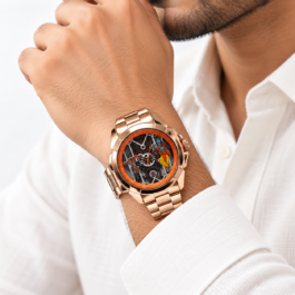 Men’s Rose Gold-Tone Analog Statement Watch | Lord Krishna Artwork Dial | Skeleton-Style Design | Metal Bracelet | Devotional Fashion Wrist Watch for Daily & Occasion Wear