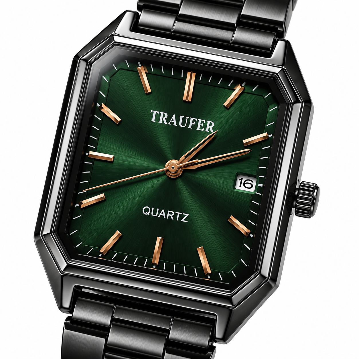 Men’s Rectangular Analog Quartz Watch | Gradient Green Sunburst Dial | Black Metal Bracelet | Date Display | Modern Geometric Wrist Watch for Office, Party & Everyday Wear - Image 4