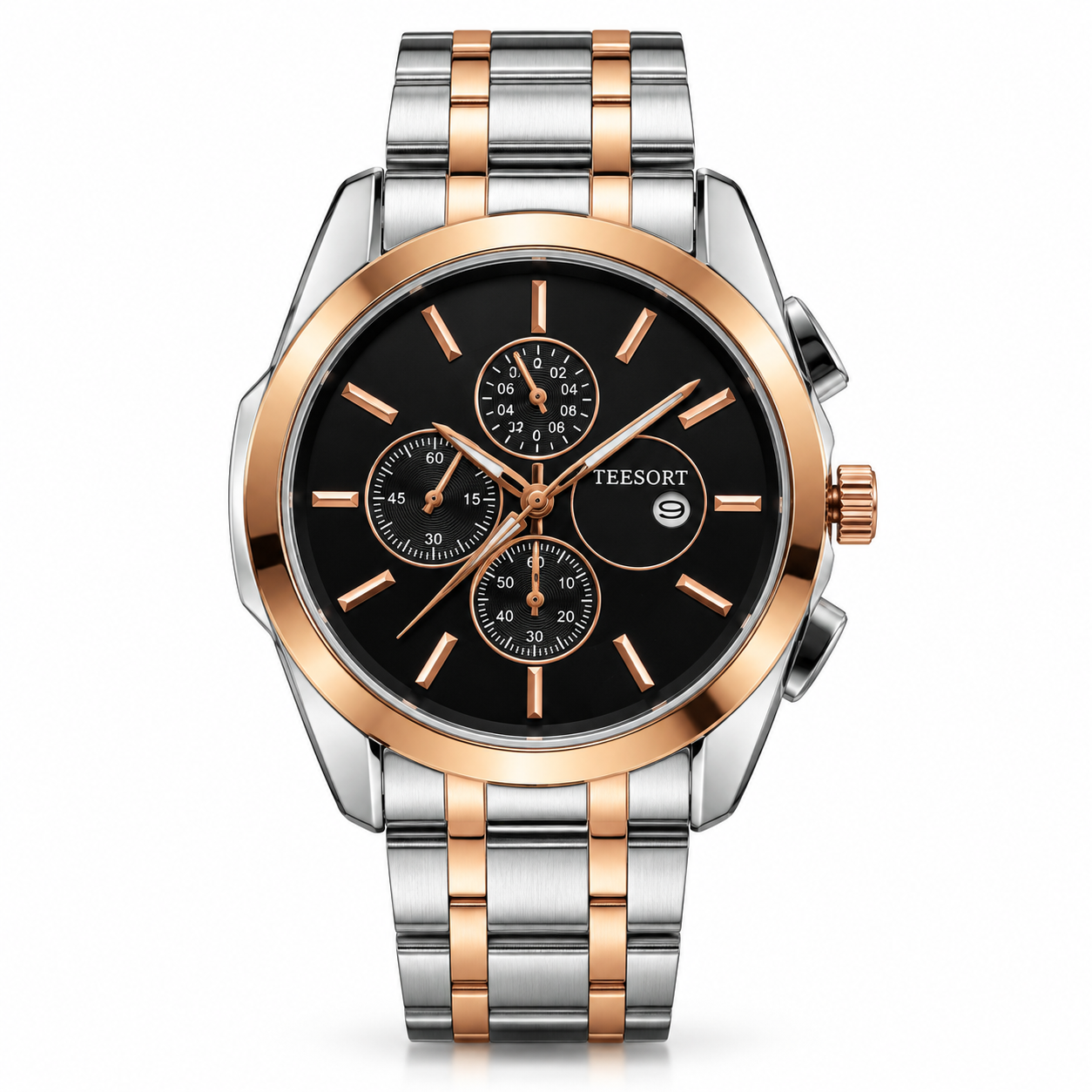 Men’s Two-Tone Analog Quartz Watch | Black Dial | Silver & Rose Gold-Tone Metal Bracelet | Date Display | Chronograph-Style Multi-Dial Wrist Watch - Image 6