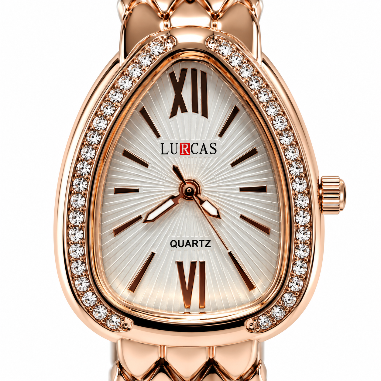 Women’s Rose Gold Teardrop Analog Quartz Watch | Crystal-Studded Bezel | Silver Sunburst Dial | Elegant Metal Bracelet | Fashion Wrist Watch for Daily Wear, Party & Gifting - Image 4