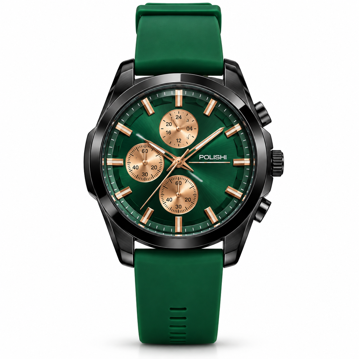 POLISHI Men's Analog Sports Watch | Premium Green Dial with Rose Gold-Tone Accents | Black Round Case | Green Silicone Strap | Chronograph-Style Multi-Dial Design | Stylish Casual & Everyday Wrist Watch for Men - Image 4