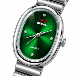 BESAL Women’s Emerald Green Dial Analog Quartz Watch | Elegant Oval Silver-Tone Case | Premium Silver-Tone Metal Stretch Bracelet | Sunburst Dial with Crystal-Style Markers | Stylish Casual, Formal & Everyday Wrist Watch for Ladies