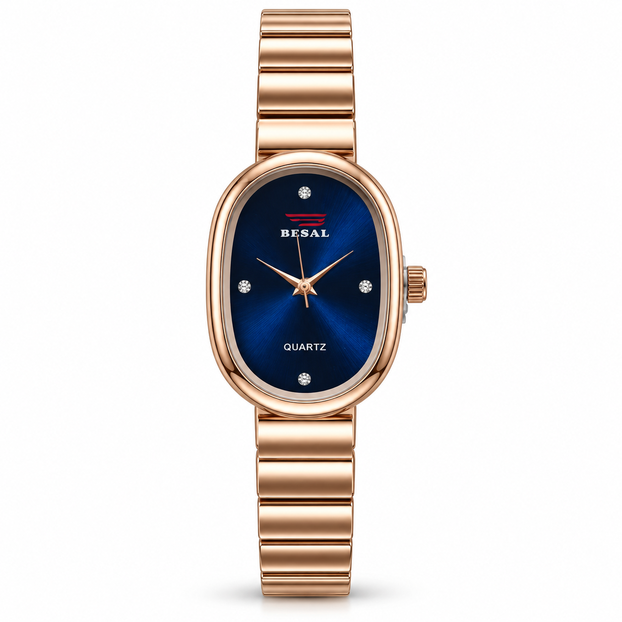 BESAL Women's Navy Blue Dial Analog Quartz Watch | Elegant Oval Rose Gold-Tone Case | Premium Rose Gold-Tone Metal Stretch Bracelet | Sunburst Dial with Crystal-Style Markers | Stylish Casual, Office & Party Wear Watch for Ladies - Image 5