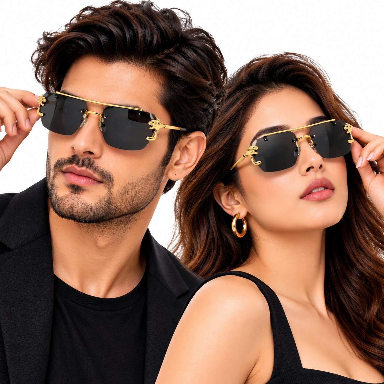 Unisex Luxury Rimless Sunglasses for Men & Women | Gold-Tone Metal Frame with Dark Smoke Lenses | Decorative Side Design | Premium Fashion Eyewear - Image 7