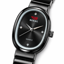 BESAL Women’s Black Dial Analog Quartz Watch | Elegant Oval Case | Premium Black-Tone Metal Stretch Bracelet | Minimalist Dial with Crystal-Style Markers | Stylish Casual, Office & Party Wear Wrist Watch for Ladies