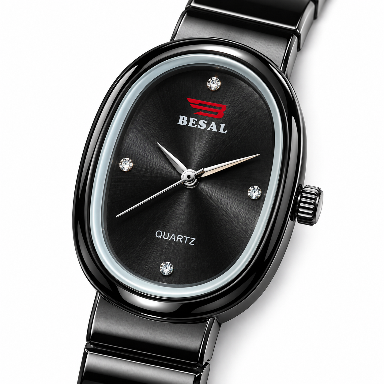 BESAL Women's Black Dial Analog Quartz Watch | Elegant Oval Case | Premium Black-Tone Metal Stretch Bracelet | Minimalist Dial with Crystal-Style Markers | Stylish Casual, Office & Party Wear Wrist Watch for Ladies - Image 2