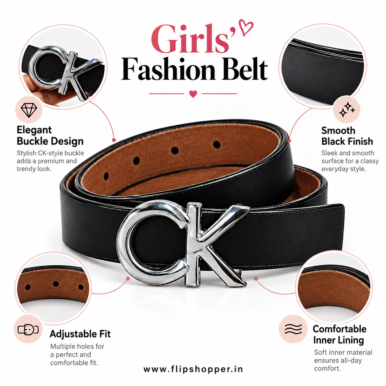 Girls' Black Fashion Belt with Silver-Tone CK-Style Letter Buckle | Premium Leather-Look Waist Belt with Adjustable Fit for Jeans, Dresses, Skirts & Casual Wear - Image 4