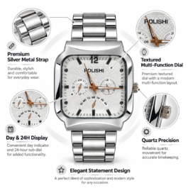 POLISHI Men’s Analog Black Dial Silver-Tone Stainless Steel Watch with Square Case & Multi function Style Display