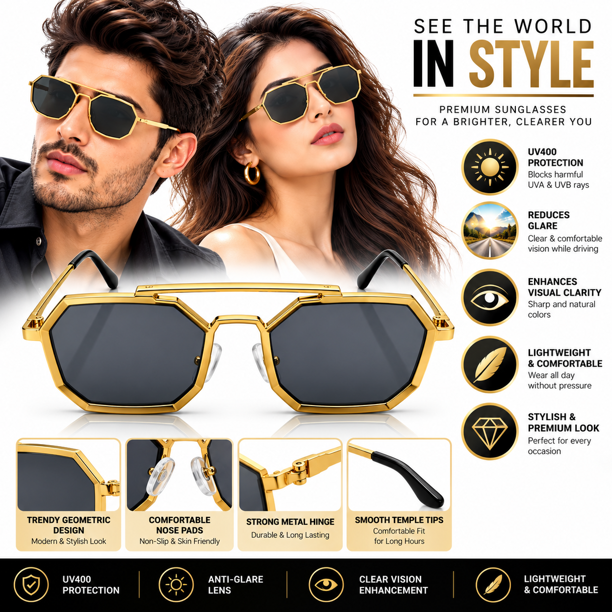 Unisex Geometric Octagon Sunglasses for Men & Women | Gold-Tone Frame with Dark Smoke Lenses | Bold Retro Streetwear Fashion Eyewear - Image 6
