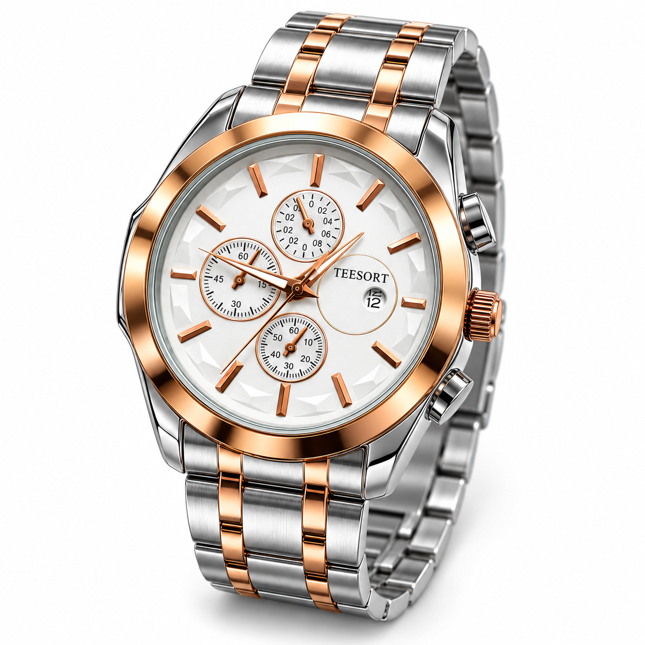 Men’s Two-Tone Analog Quartz Watch | White Dial | Silver & Rose Gold-Tone Metal Bracelet | Date Display | Chronograph-Style Multi-Dial Wrist Watch - Image 3