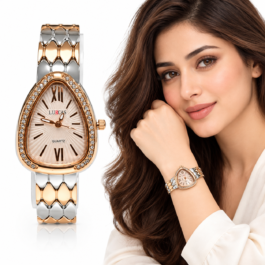 Women’s Teardrop Analog Quartz Watch | Blush Pink Dial | Crystal-Studded Bezel | Silver & Rose Gold-Tone Metal Bracelet | Elegant Fashion Wrist Watch for Daily Wear & Gifting