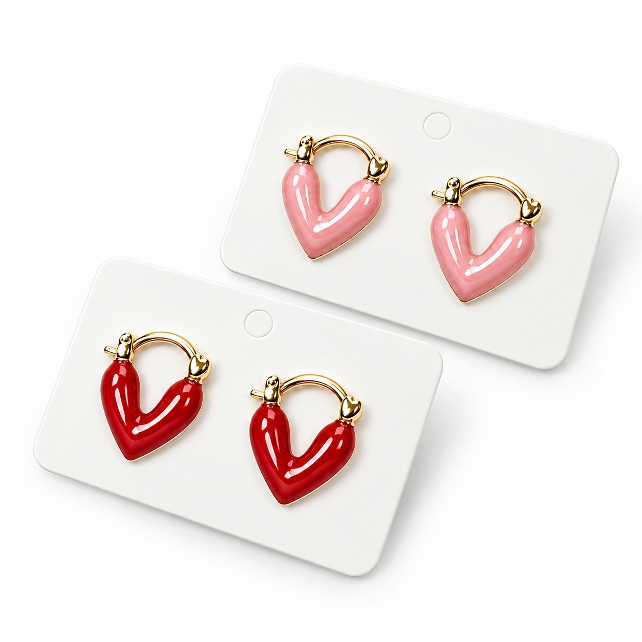 Women's Korean-Style Glossy Heart Hoop Earrings – Pink & Red, Gold-Tone, Set of 2 Pairs - Image 5