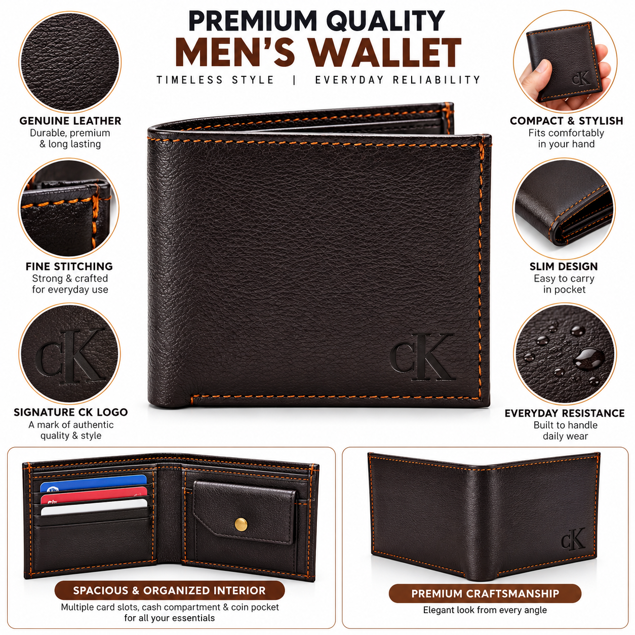 Men’s Premium Bifold Wallet | Dark Brown Textured Finish | Multiple Card Slots, Cash Compartment & Coin Pocket | Slim Everyday Wallet for Men - Image 4