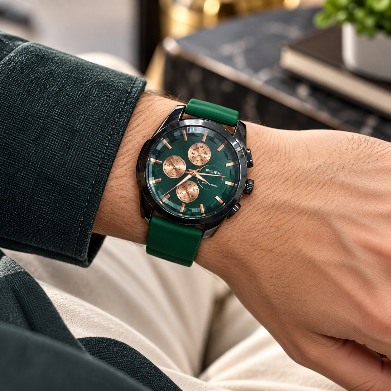 POLISHI Men's Analog Sports Watch | Premium Green Dial with Rose Gold-Tone Accents | Black Round Case | Green Silicone Strap | Chronograph-Style Multi-Dial Design | Stylish Casual & Everyday Wrist Watch for Men - Image 6