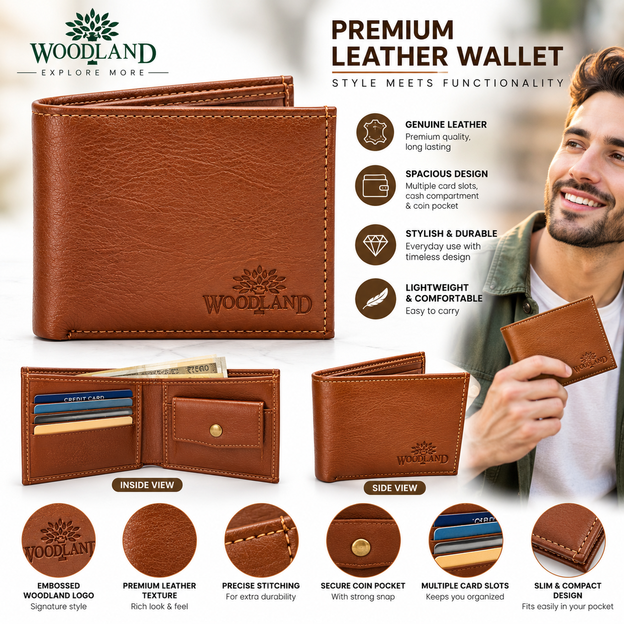 Men’s Premium Brown Bifold Wallet | Textured Finish | Multiple Card Slots & Cash Compartment | Slim Classic Wallet for Daily Use, Office, Travel & Gifting - Image 5
