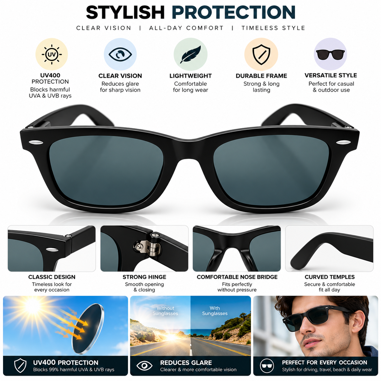 Unisex Black Rectangle Sunglasses for Men & Women | Dark Green Grey Lenses | Classic Full-Rim Wayfarer Style Fashion Eyewear for Travel & Outdoor Wear - Image 5
