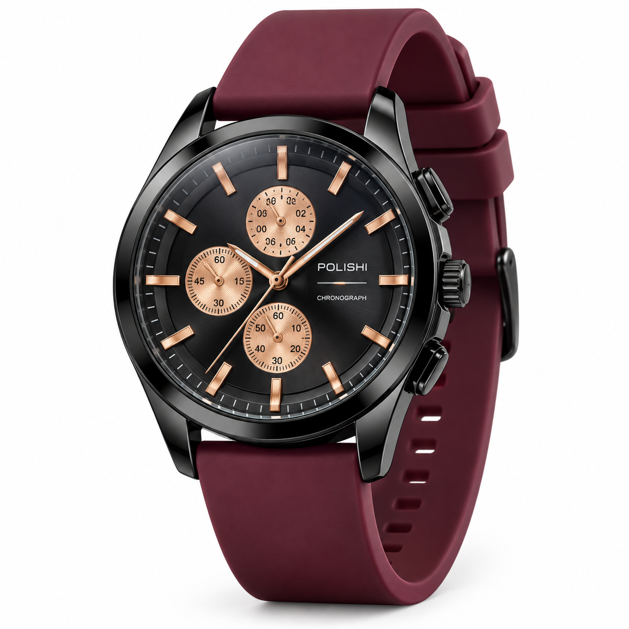 POLISHI Men's Fashion Analog Watch | Black Round Dial with Rose Gold-Tone Accents | Maroon Silicone Strap | Chronograph-Style Design | Stylish Casual & Formal Wrist Watch - Image 4