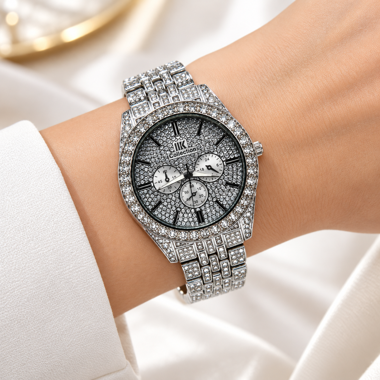 Luxury Silver-Tone Crystal Studded Analog Watch | Sparkling Bracelet & Crystal Bezel | Chronograph-Style Multi-Dial Fashion Wrist Watch for Party & Occasion Wear - Image 6