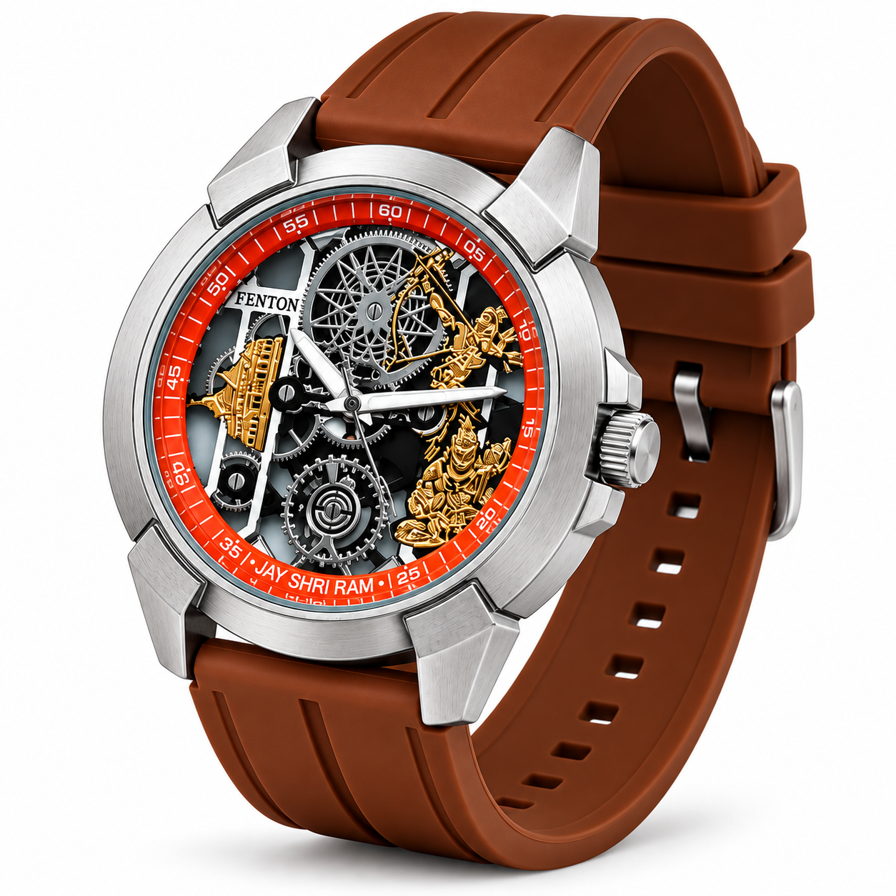 Men’s Devotional Analog Statement Watch | Skeleton-Style Hindu Artwork Dial | Silver-Tone Case | Brown Strap | Bold Fashion Wrist Watch for Daily & Festive Wear - Image 3