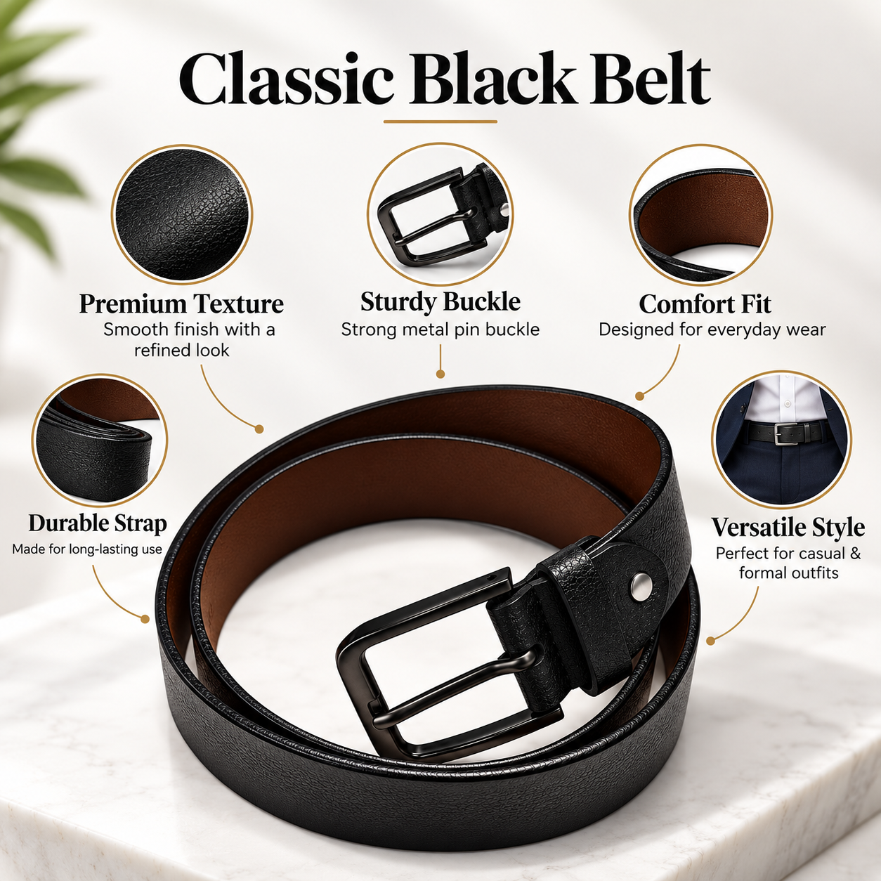 Classic Black Textured Men's Belt with Metal Pin Buckle | Brown Inner Finish | Stylish Formal & Casual Waist Belt for Men - Image 6